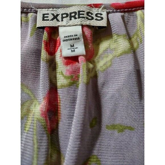 5/$25 Sz Med Express Sheer & Lace Mesh Top Floral Puff Sleeves Pinks Purple - Picture 11 of 11